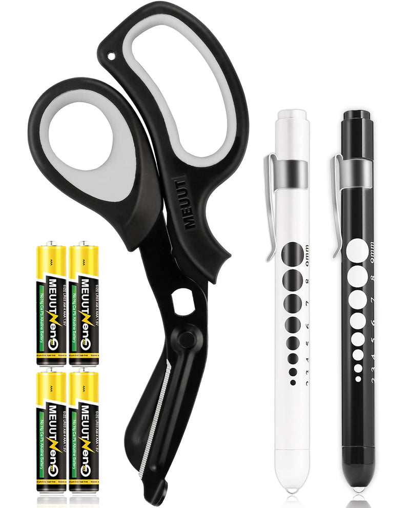 [Australia - AusPower] - MEUUT 3 Pack Penlight & Medical Scissors- One 8 Inches Patented Trauma Shears Two LED Pen light with Four Batteries - Bandage Scissor for- Nurse, First Aid, EMT, Doctor Black Shear+white&black Penlights 