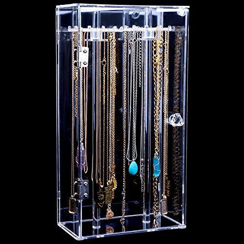 Acrylic Necklace Holder Stand,Clear Necklace Organizer with 24 Hooks,Dustproof Rotation Jewelry Storage Holder,Enclosed Long Necklaces Display Rack Pendant Bracelets Display Case Jewelry Display Box Square