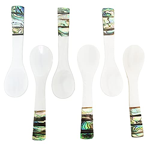 i-lan 6pcs White Mother of Pearl Spoons,Well Polished Inlaid Seashell MOP Teaspoons,Stirring Spoons Utensils with Green Decorative Pattern Handle for Caviar,Egg,Ice cream,Coffee Serving, 4 x 1 inch