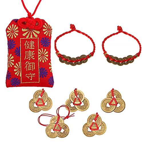 Japanese Omamori Amulet Good Luck Charms Hanging Sachet and 5 Chinese Feng Shui Coins 2 Coins Bracelet for Good Luck and Healthy