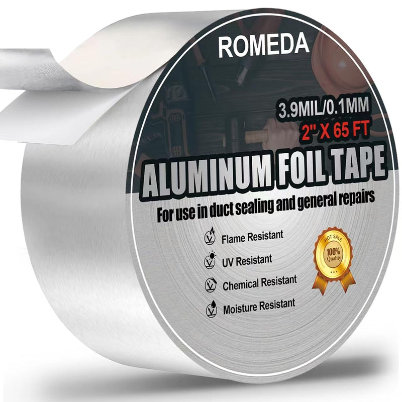 Romeda Aluminum Foil Tape, 2 inch x 65 Feet Foil Tape (3.9 mil), Silver Insulation Adhesive Metal Tape, High Temperature Heavy Duty HVAC Tapes for Ductwork, Dryer Vent, HVAC 2 inch x 65 Ft