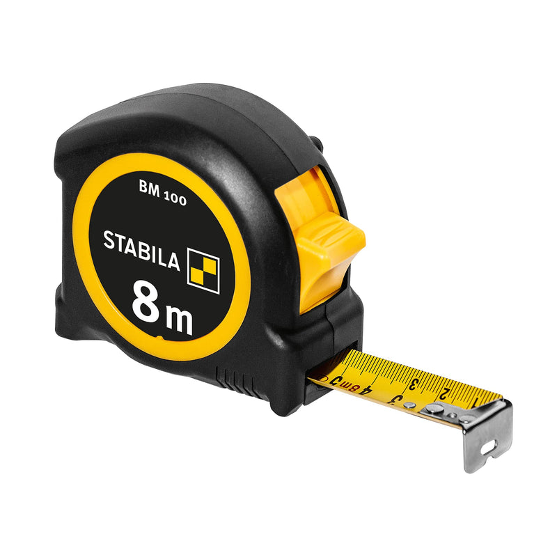 Stabila Pocket Tape Measure BM 100 8m Metric Scale Tape Measure Shatterproof ABS Housing Movable Start Hook Belt Clip MID Accuracy Silver cm scale 8 m