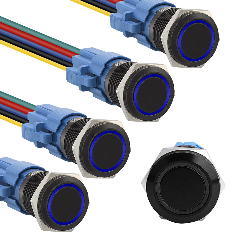 [Australia - AusPower] - STARELO 5pcs 16mm Latching led Push Button Switch Black Shell, IP65 Waterproof Push Button Switch,1NO 1 NC with Wire Socket Plug,Self-Locking with LED(Blue). 16mm Black Shell/ Ring LED 