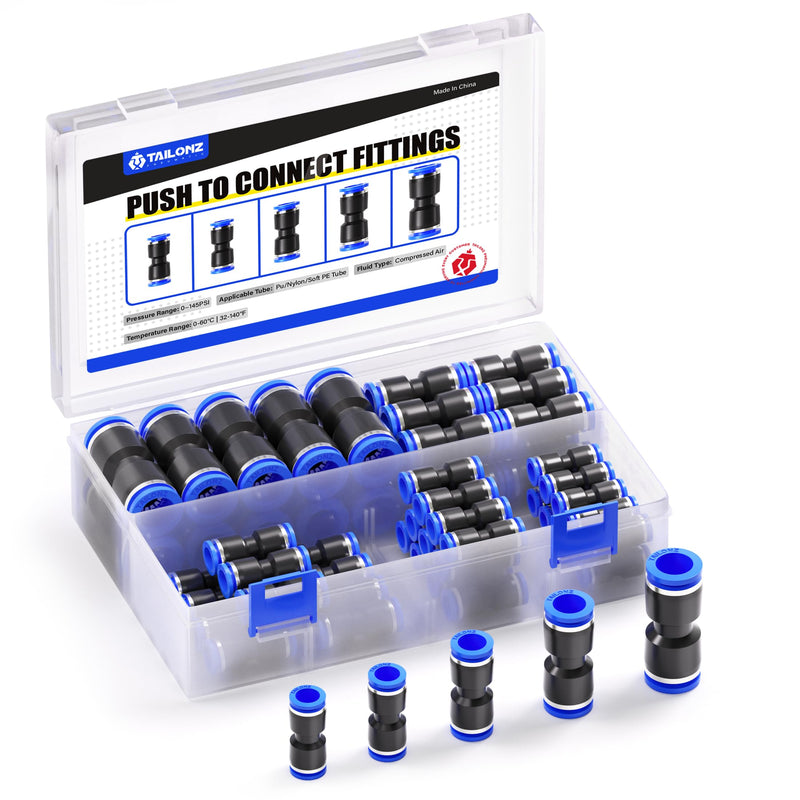 [Australia - AusPower] - TAILONZ PNEUMATIC 50 pcs Straight Push Connectors Plastic Quick Release Connectors Air Line Fittings for 5/32 1/4 5/16 3/8 1/2Tube (2 Way) 5/32"/1/4"/5/16"/3/8"/1/2"OD 