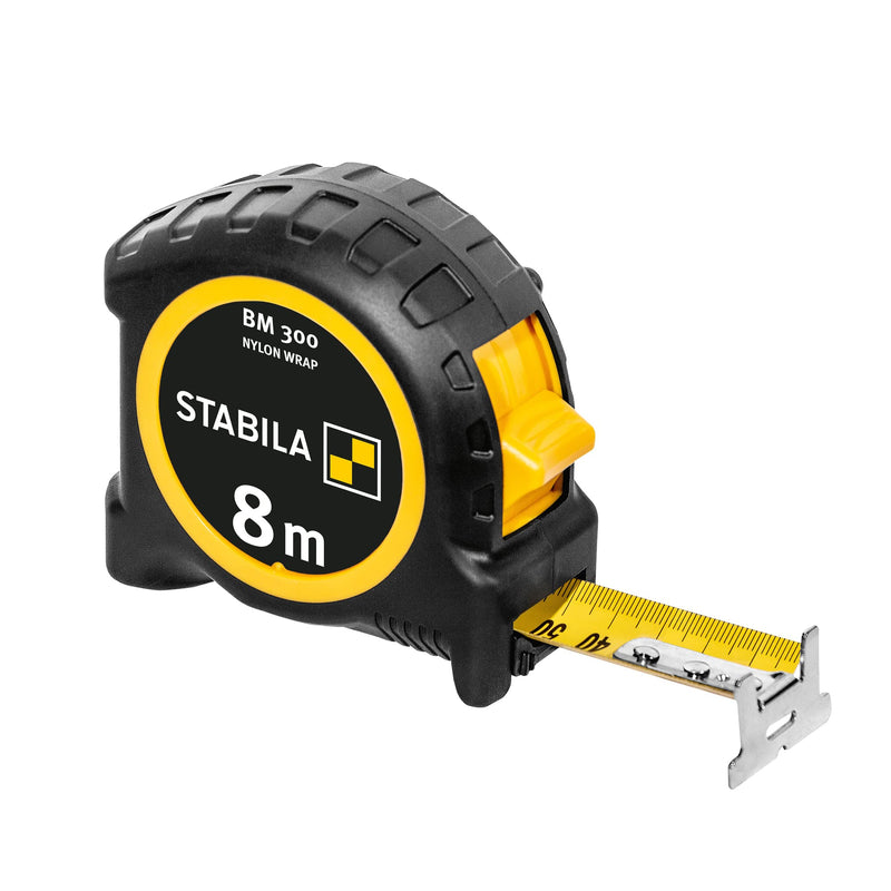 STABILA Pocket Tape Measure BM 300 8m Double Sided 1000 Scale Metric Shatterproof PC/ABS Case SPIKES Hook Steel Tape with NYLON WRAP Jacket Belt Clip MID Accuracy mm 8 m
