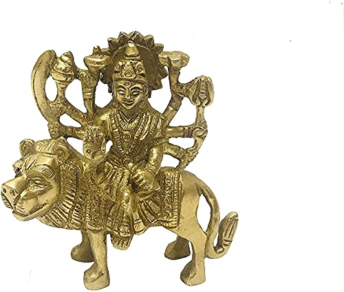 Brass Durga Statue/Idol for Home temple/mandir Devi Goddess MATA Rani Sitting on Lion God Murti for Puja Sculpture Figurine Housewarming Diwali poojan Navratri Navaratri Pooja Size- 4 inch