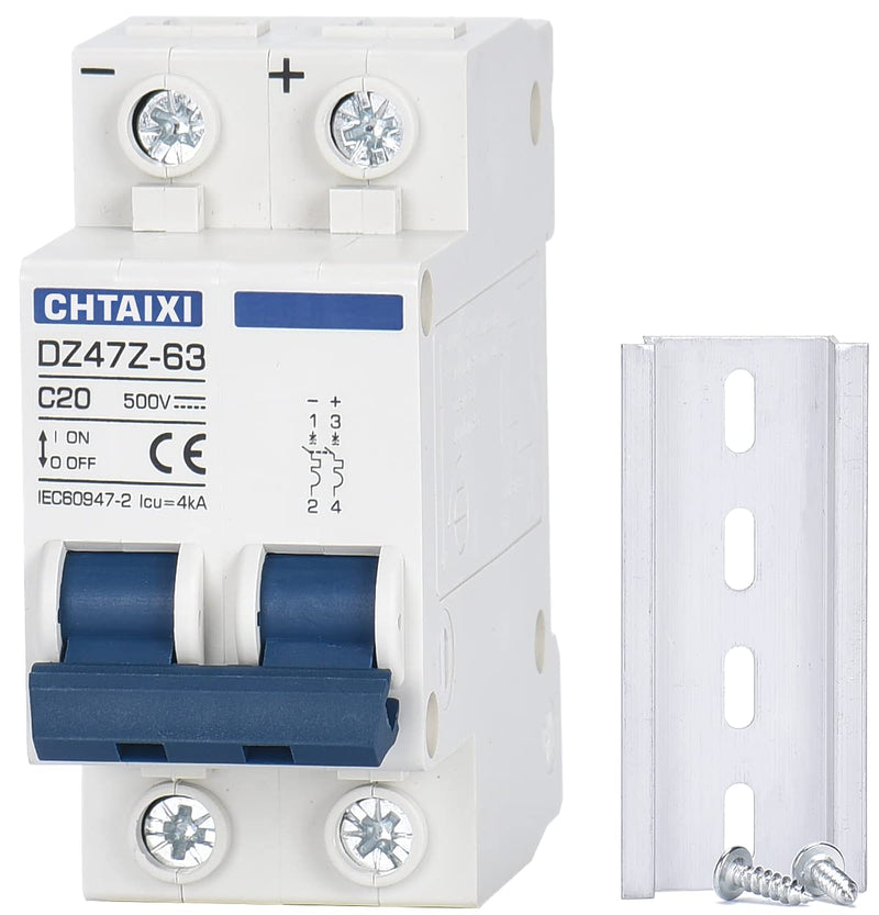 DC Miniature Circuit Breaker, 2 Pole 500V 20 Amp Isolator for Solar PV System, Thermal Magnetic Trip, DIN Rail Mount, Chtaixi DC Disconnect Switch C20 20A