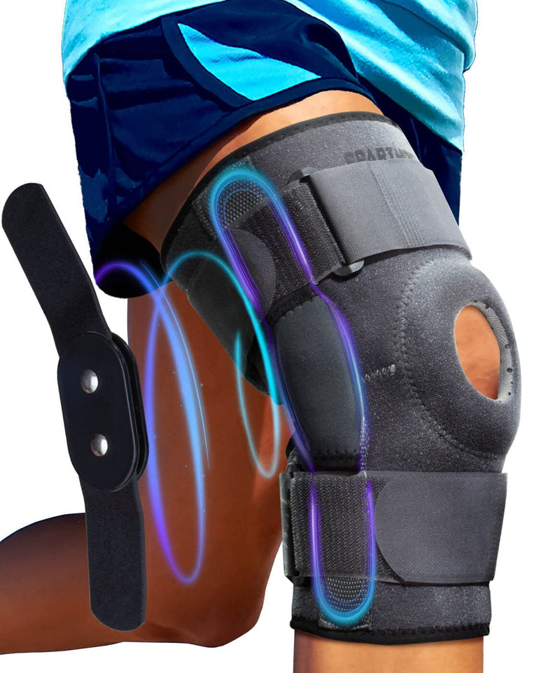 [Australia - AusPower] - Sparthos Hinged Knee Brace - Relieves ACL, MCL, Meniscus Tear, Arthritis, Tendon Pain - Open Patella Design with Dual Metal Side Stabilizers - Support for Running, For Men and Women (Large) Gray/Black Large 