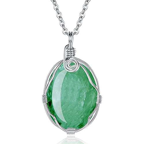 XIANNVXI Healing Crystal Necklace Wire Wrapped Oval Stone Gemstone Pendant Necklaces Natural Spiritual Reiki Witchcraft Quartz Jewelry for Women Green - Aventurine