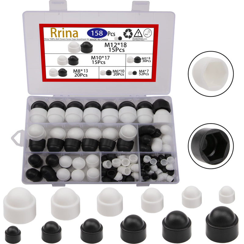 [Australia - AusPower] - 158Pcs Bolt Covers Screw Caps Assortment Kit,Nylon Acorn Dome Protection Caps for Protecting Hexagon Shaped Screws Bolts (M4 M5 M6 M8 M10 M12 Black and White) 