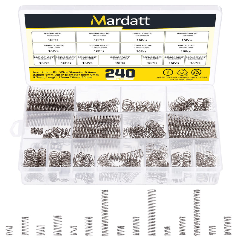 [Australia - AusPower] - 240 Pcs 15 Size Compression Springs Assortment Kit Mini Stainless Steel Springs with Case Wire Diameter 0.6mm 0.8mm 1mm, Outer Diameter 8mm 9mm 9.5mm, Length 10mm 20mm 50mm Big Size No.2 