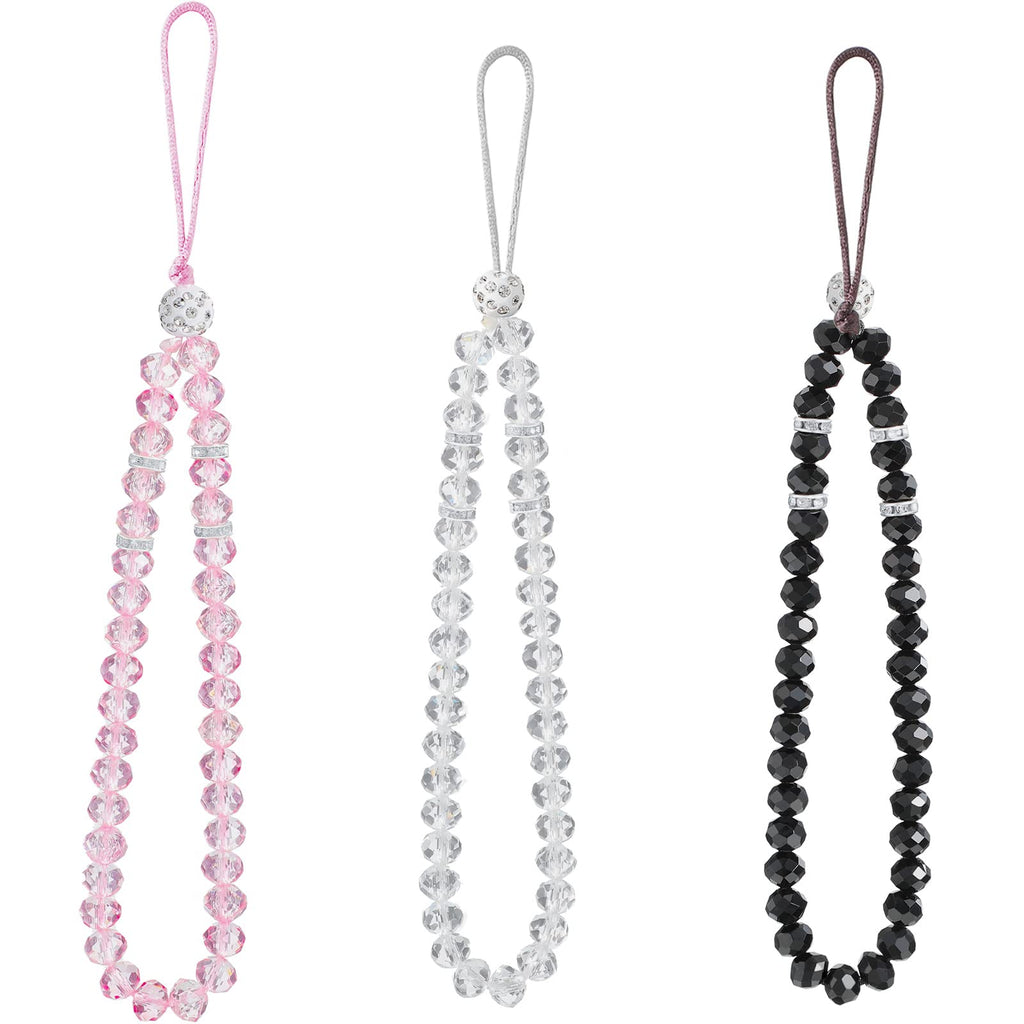 [Australia - AusPower] - Weewooday 3 Pieces Cell Phone Lanyard Strap Phone Charm Bling Crystal Beads Hand Wrist Lanyard Strap Beaded Women's Wristlet Black, White, Pink 