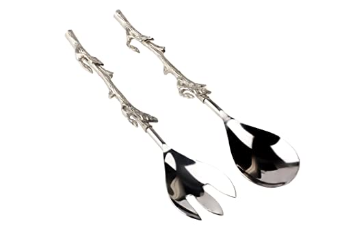 Twig Salad Servers Brass & Stainless Steel, Fork & Spoon Set Leaf Design, Two Tone Ideal for Weddings, Dinner, Elegant Flatware, Housewarming, Stainless Steel Mirror Polished