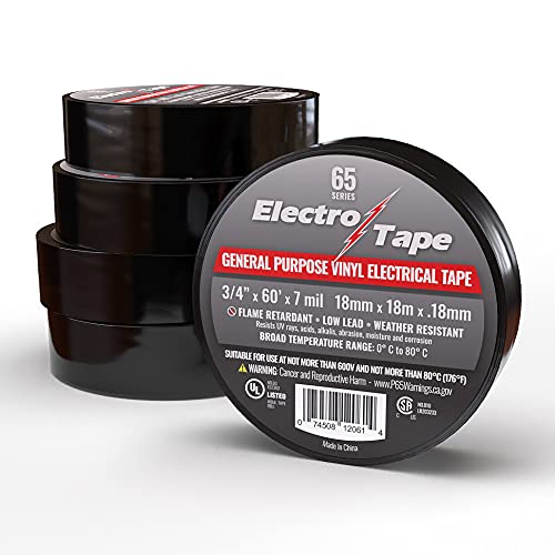 Electrical Tape General Purpose - 3/4" x 60ft 7 mil - Flame Retardant Black Vinyl 5 Pack