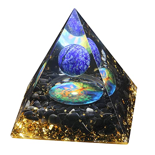 mookaitedecor Lapis Lazuli Crystal Sphere Orgone Pyramid with Obsidian Tumbled Stones and Tree of Life Symbol Ornament for Protection Meditation Home Decor Blue-1