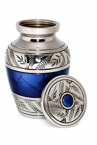 Classic Small Mini Cremation Keepsake Urn for Human Ashes – with Box and Velvet Box - 2.6 inch - Blue Fire Design - Made of Brass