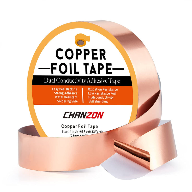 [Australia - AusPower] - CHANZON Copper Foil Tape 25mm 1 inch x 66ft Double Sided Conductive Adhesive for Electric,Slug & Snail Deterrent,Guitars,Soldering,Grounding,Repair,Crafts,Paper Circuits 5) 1inch x 66ft 
