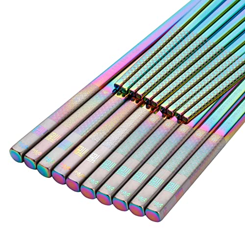 10-Pairs Metal Reusable Ramen Square Chopsticks Non Slip 18 10 Stainless Steel Chopsticks Set Dishwasher Safe for Adults Sushi, Rainbow 10 pairs set