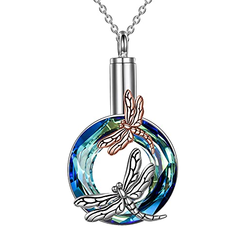 POPLYKE Dragonfly Urn for Ashes Sterling Silver Crystal Dragonfly Urn Pendant Necklace Cremation Jewelry Gifts for Human Pets (Blue)