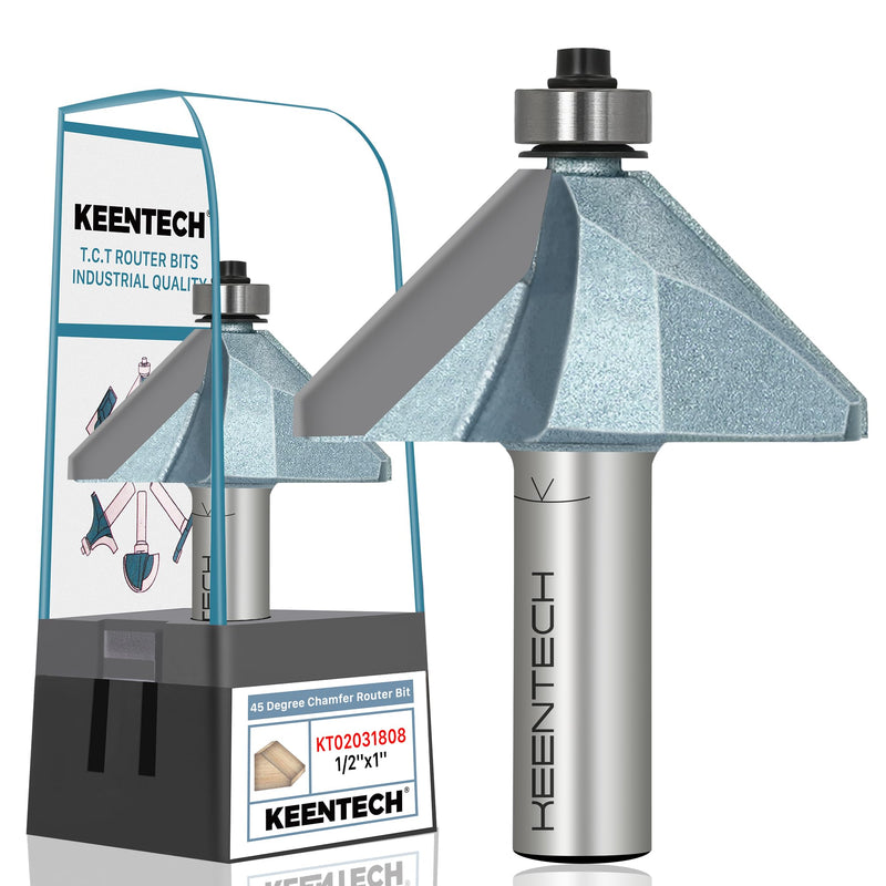 KEENTECH Chamfer Router Bits, 2-1/8" Diameter for Edge Forming, Industrial Grade Carbide Tips for Woodworking (1/2 Inch Shank x 1-1/8 Inch Bevel x 1 Inch Depth) 1/2"(Shank)*1-1/8"(Bevel Length)