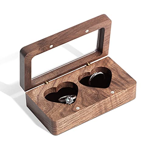 Wooden double heart wedding ring box by Wislist, rectangular walnut jewelry case for engagement rings and wedding bands.