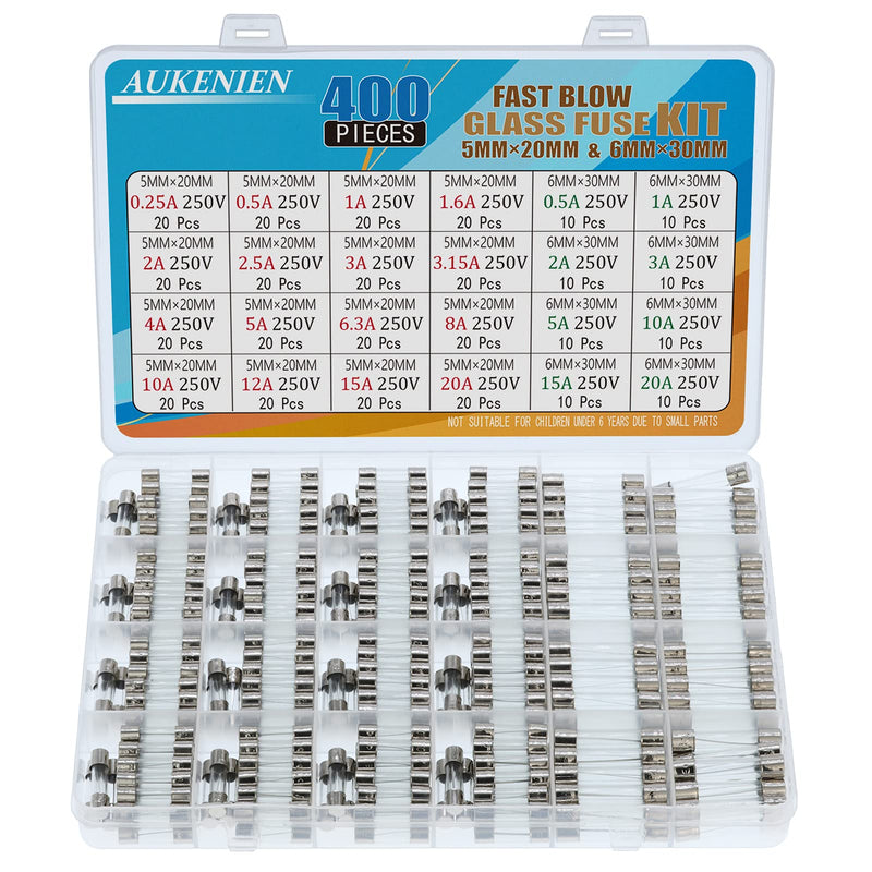AUKENIEN 24 Values 400 Piece Glass Fuse Set 5 x 20 mm 0.25A 0.5A 1A 1.6A 2A 2.5A 3.15A 4A 5A 6.3A 8A 10A 12A 15A 20A 250V 6.3x32 6x30 mm 0.5A 1A 22 A 3A 5A 5A 10A 15A 20A Glass Fuses Assortment