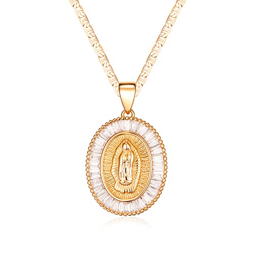 Barzel 18K Gold Plated Flat Mariner/Marina 060 3MM Chain Necklace With Cubic Zirconia Virgin Mary Guadalupe Charm Pendant 18 Inches