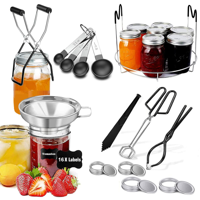 HOMMES Canning Supplies Starter Kit For Mason Jars - Pot, Funnel, Lifter, Wrench, Tongs, Lid Lifter & Bubble Remover Black