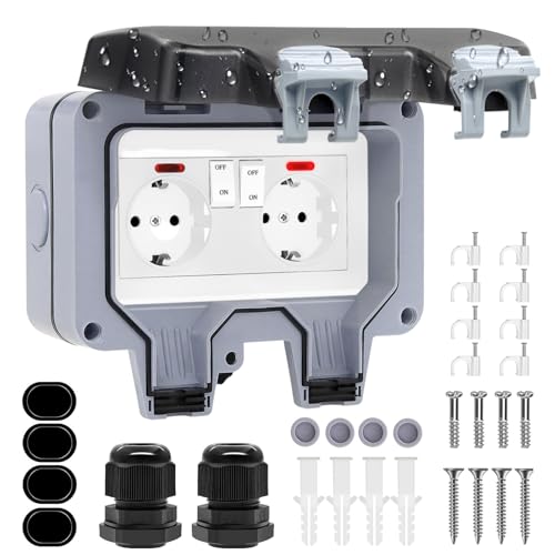 Outdoor Socket Waterproof IP66 2-Way with Switch and Indicator Light | Surface-mounted wall socket 16 A earthing contact garden socket with hinged lid for garage patio wet room outdoor Double socket with switch