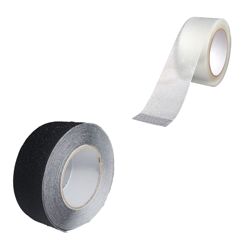 Anti Slip Black And Transparent Anti Slip Tape Two Rolls 2 Inch x 33 Foot Grip Tape Grit Traction Non Slip, Non Skid Treads, High Traction Friction Abrasive Adhesive Stairs Step - Black and Clear