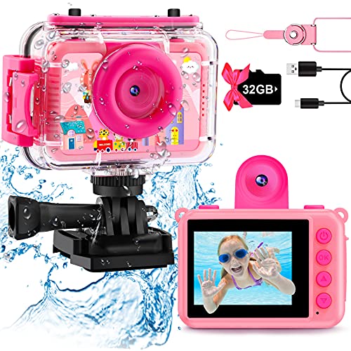 Pool Toy & Kids Underwater Camera - 99FT Waterproof Kid Action Camera 1080P Video&20MP Photo with Flip Lens, Includes 32GB Card for Diving Swimming Beach Snorkeling,Birthday Gift for Girls - GKTZ Pink