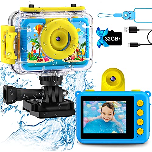 GKTZ Pool Toy & Kids Underwater Camera 99FT Waterproof Kid Action Camera 1080P Video&20MP Photo with Flip Lens, Includes 32GB Card for Diving Swimming Beach Snorkeling.Birthday Gift for Boys Blue