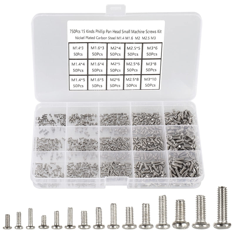 [Australia - AusPower] - 750pcs M1.4/M1.6/M2/M2.5/M3 Phillips Pan Head Small Machine Screws,Tiny Screw,Micro Little Screws,Mini Screw Assortment Kit for Watch,Toy,Electronic Equipment Repair,Nickel-Plated Carbon Steel 