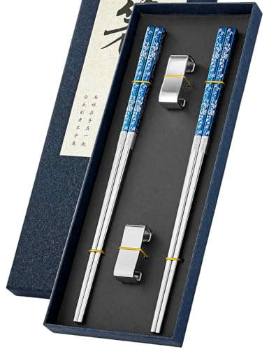 FOFAYU Metal Chopsticks Reusable 2 Pairs Titanium Plated Stainless Steel Chopsticks with Holder, Dishwasher Safe Non-Slip Japanese Style Chop Sticks Present Set (Blue Silver) Blue Silver Floral