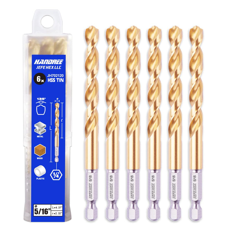JEFE HEX 5/16" Hex Shank Titanium HSS Twist Drill Bits, 135 Degree Easy Cut Split Point Drill Bit for Steel, Copper, Aluminum, Zinc Alloy, Wood and Plastics, Packed in a Tube. (Pack of 6) 5/16" (6 pcs)