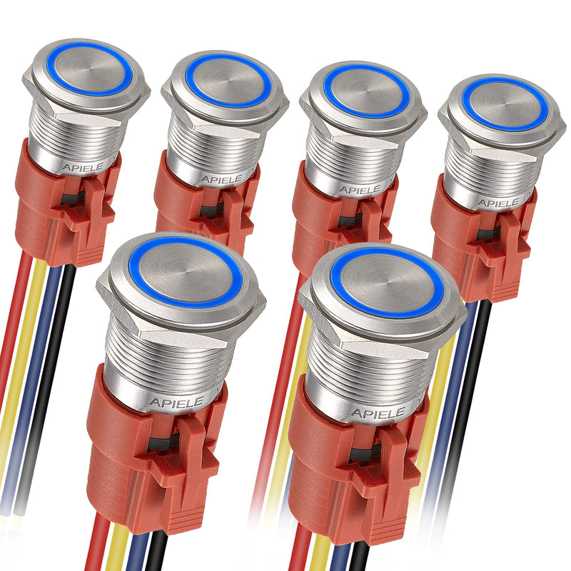 APIELE Latching Push Button Switch 19mm 12V- 24V DC LED SPDT 1NO1NC Stainless Steel Metal Push Button Switch with Pigtail 6PCS (Silver Shell-Blue, 19MM) Silver Shell-Blue