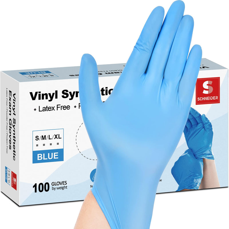[Australia - AusPower] - Schneider Blue Vinyl Synthetic Exam Gloves, Medium, Box of 100, 4-mil, Powder-Free, Latex-Free, Non-Sterile, Disposable Gloves 100 Count (Box of 100) 