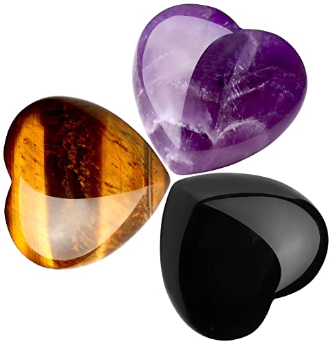 QINJIEJIE 3 PCS 1.2" Large Heart Crystal Amethyst Obsidian Tigers Eye Stone YD - 1.2" Large -3PCS