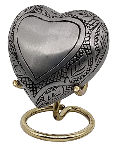 5MOONSUN5's Handcrafted Heart Urn Keepsake Cremation for Human Pet Ashes Engraved Heart Shaped for Adults & Infants Honor Your Loved One, Silver, Comes with Brass Stand & Premium Box