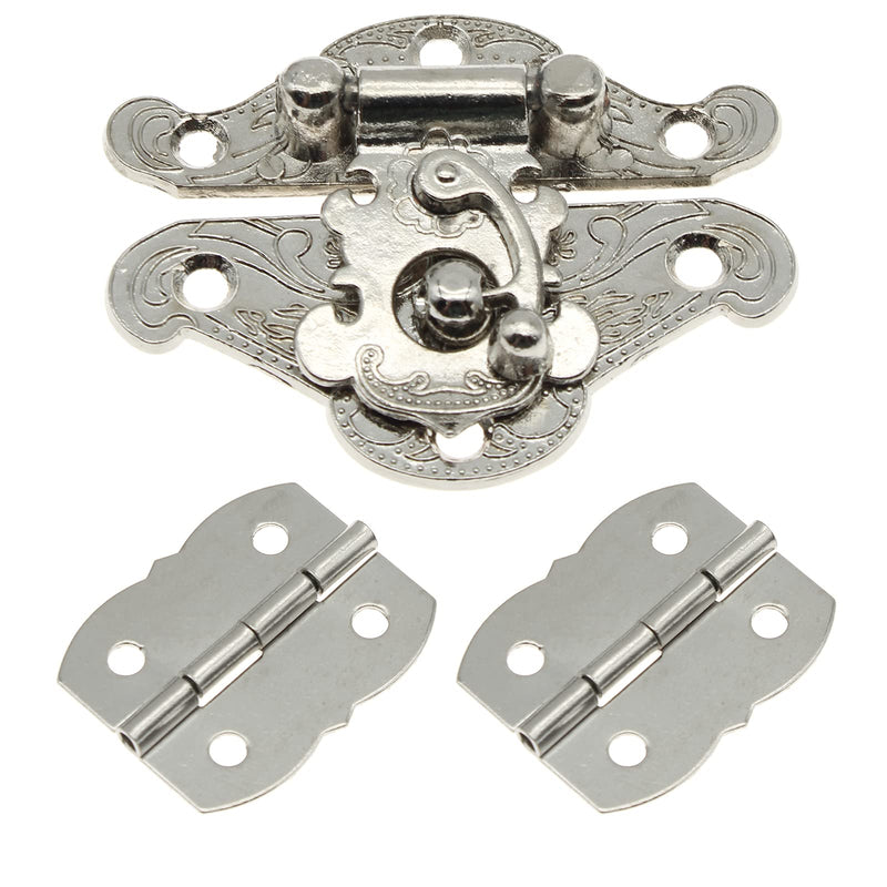 [Australia - AusPower] - 1 Pcs Antique Hasp Latch and 2 Pcs Butterfly-Shape Hinges Decorative Lock Buckle with Matching Screws[FDXGYH,Silver] Silver 