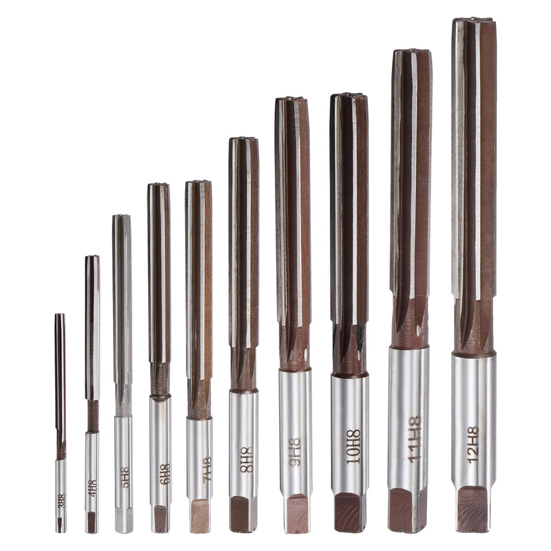 sourcing map Reamer Set 10 Pieces 3/4/5/6/7/8/9/10/11/12 mm, Accuracy H8 | Carbon 6 Groove Cylinder Shank Hand Reamer
