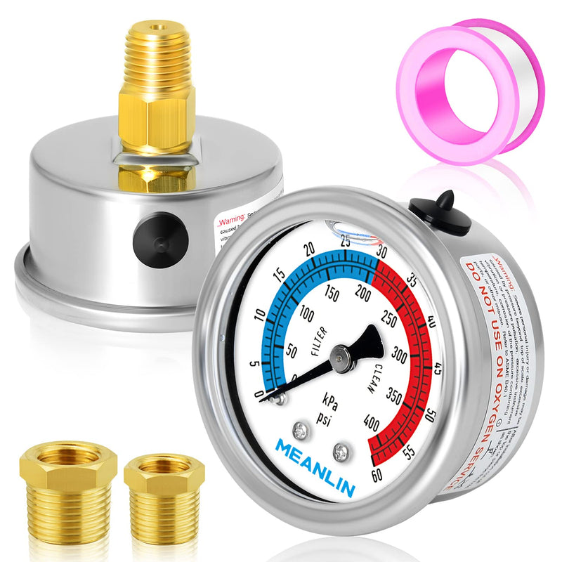 [Australia - AusPower] - MEANLIN MEASURE 0-60psi Pressure Gauge, 2-Inch Dial Glycerine Filled Pool Filter, 304 Stainless Steel Housing, Center Back Mount, 1/4" NPT With 1/2" and 3/8" NPT Hex Bushing 0-60Psi/0-400Kpa 