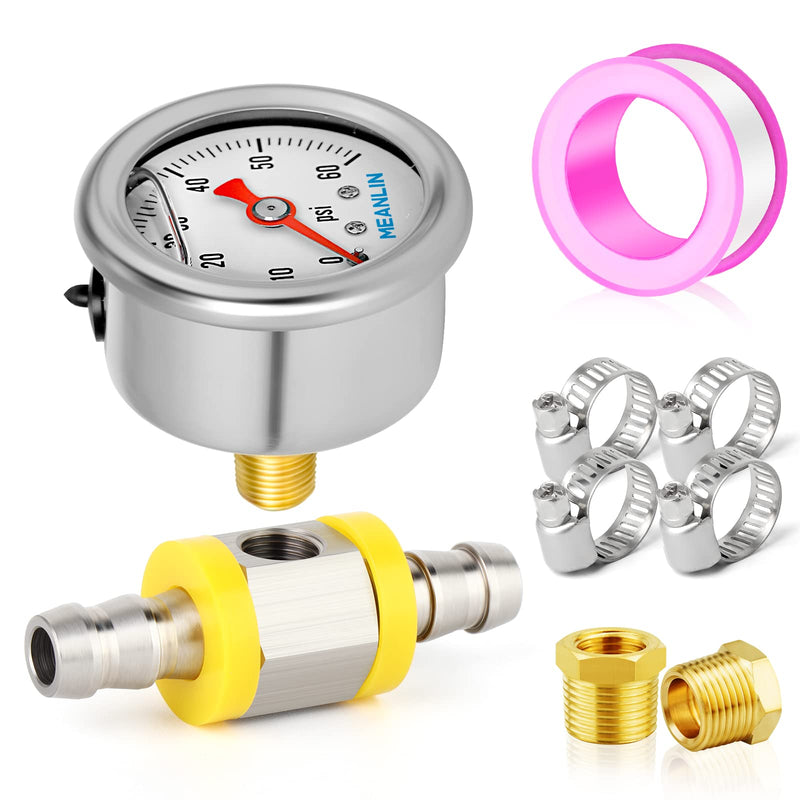 [Australia - AusPower] - MEANLIN MEASURE 0-60Psi Stainless Steel Glycerin Filled Fuel Pressure Gauge 1/8" NPT 1.5" FACE DIAL, with 3/8" Fuel Line Pressure Adapter Liquid Filled Pressure Gauge (9Pieces Kit, Back Mount) 0-60Psi/9 Pieces Kit 