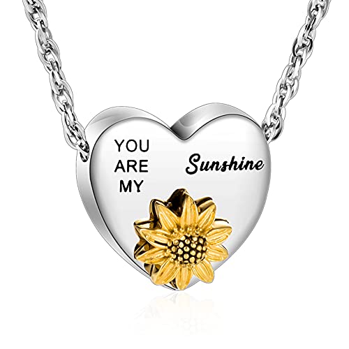 XIUDA Heart Ashes Necklace Urn Necklace with Sunflower You Are My Sunshine Cremation Necklace for Ashes Cremation Jewelry for Human Ashe Memorial Necklace with Flower Silver