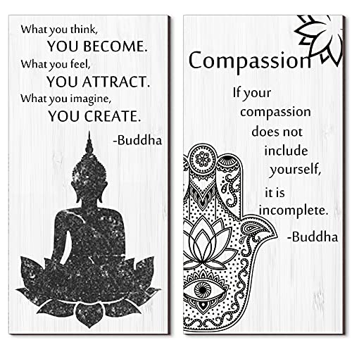 Blulu 2 Pcs Buddha Wall Art Spiritual Quote Wooden Signs, Compassion