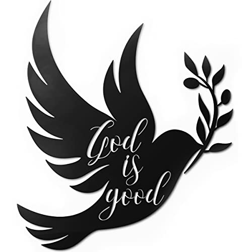 Vivegate Dove of Peace Olive Branch Metal Wall Art – Olive Branches Peace Black Outline White Dove Metal Wall Decor (Medium - 13"X11", God is good) 13"L x 11.5"W
