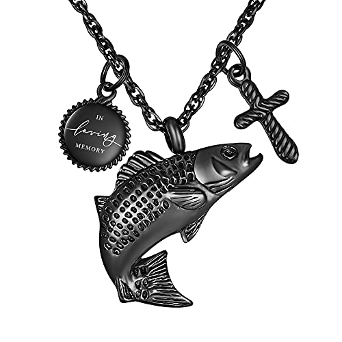 XIUDA Fish Urn Cremation Necklace for Ashes Urn Necklaces for Human Ashes In Loving Memory of Dad Fishing Locket Ashes Holder Keepsake Cremation Memorial Pendant Jewelry t-black