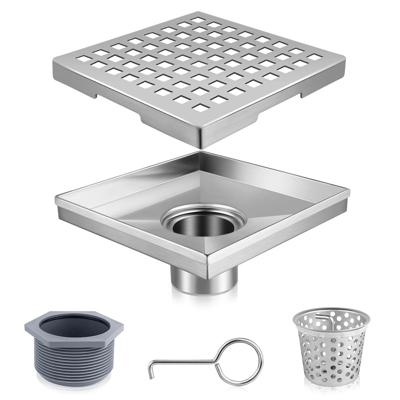 Boltigen Square Shower Drain, 304 Stainless Steel 4 inch Shower Floor Bathroom Shower Drain with CUPC Certified, Brushed Nickel 4'' Square Floor Drain, for Bathroom Toilet Washroom Drain Water