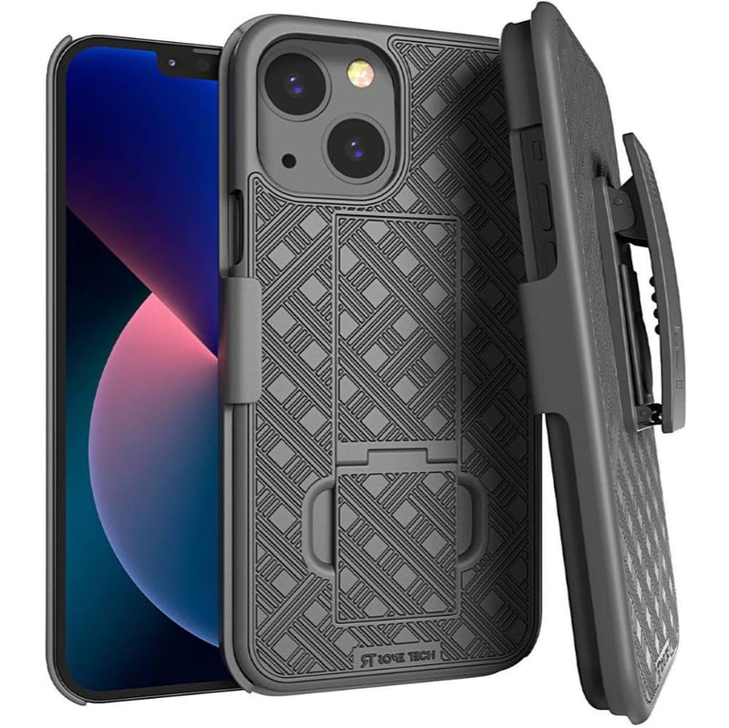 [Australia - AusPower] - Rome Tech Holster Case with Belt Clip for Apple iPhone 13 6.1" (2021) - Slim Heavy Duty Shell Holster Combo - Rugged Phone Cover with Kickstand Compatible with iPhone 13 - Black 