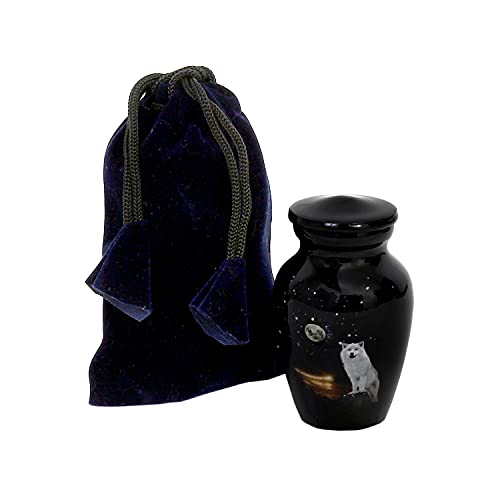 HLC White Wolf Night Full Moon Keepsake Urn - Small (3.5" cu.in.) with 1 Velvet Box Bag